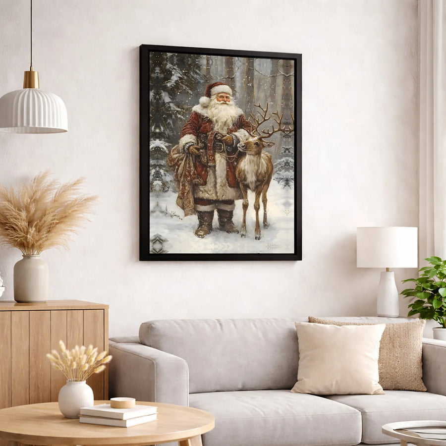 Vintage Santa Claus Wall Art | Traditional Christmas Forest Reindeer Print | Premium 1.25-Inch Gallery Canvas | Holiday Home Decor Gift