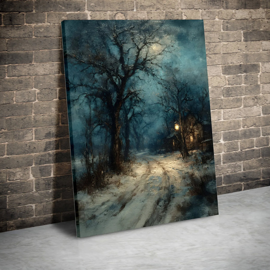 Moody Winter Landscape Vertical Canvas | Dark Academia Forest at Night | Premium Frameless Wall Art | Gothic Home Decor Collector's Gift