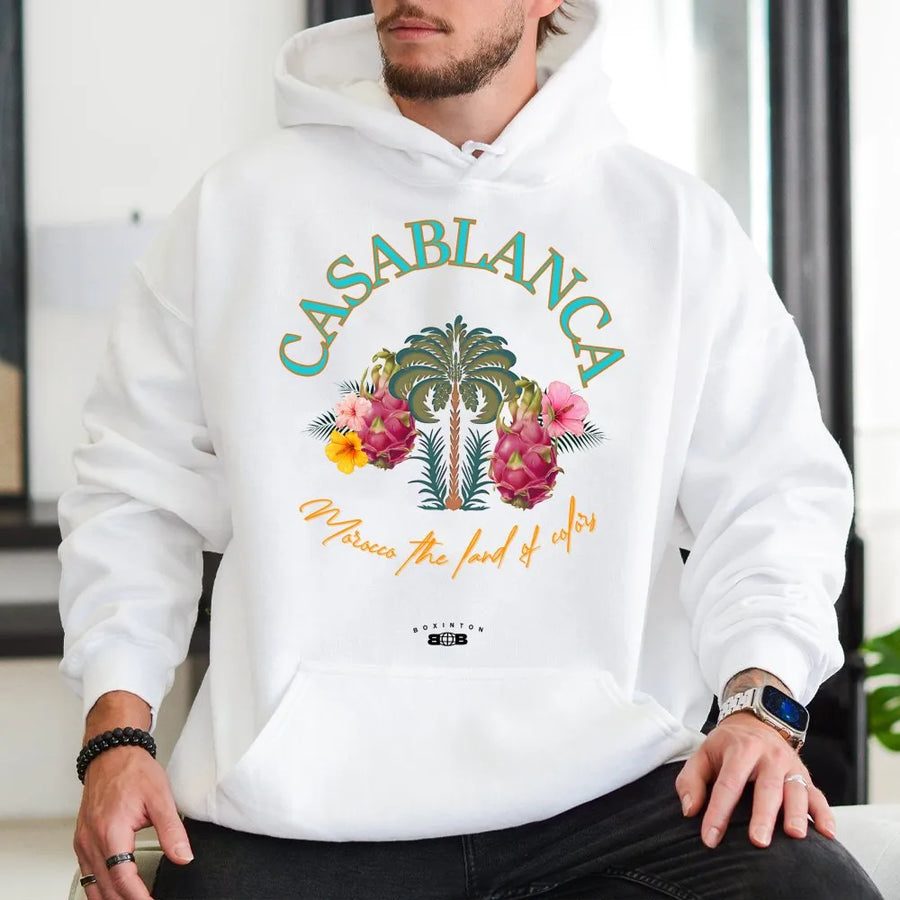 Casablanca Morocco Hoodie | Tropical Palm Tree & Dragon Fruit Art | Premium Cotton Blend | Travel Aesthetic Gift for Men & Women