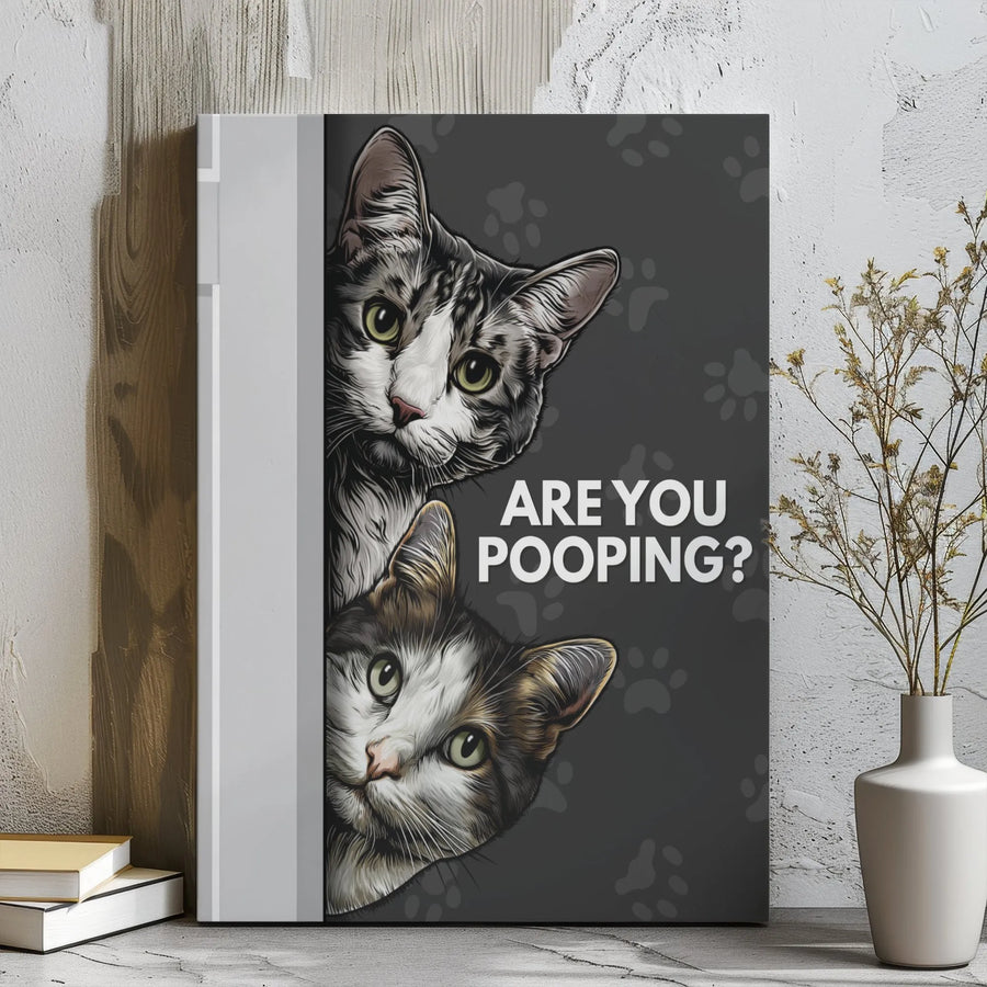 Funny Cat Bathroom Wall Art | Are You Pooping Peeking Kittens Design | Premium Gallery Wrap Canvas | Humorous Home Decor Gift