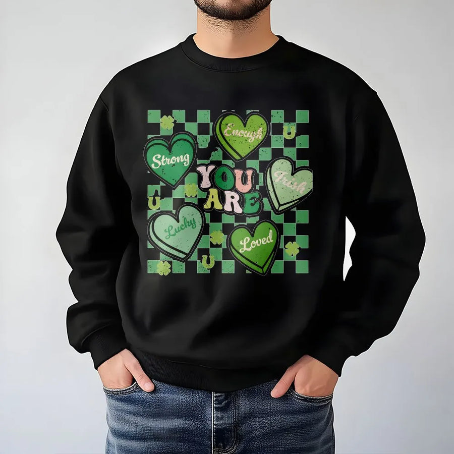 St. Patrick's Day Sweatshirt | Retro Checkerboard Lucky Irish Hearts Graphic | Premium Cotton Blend Crewneck | Cute Teacher Holiday Gift