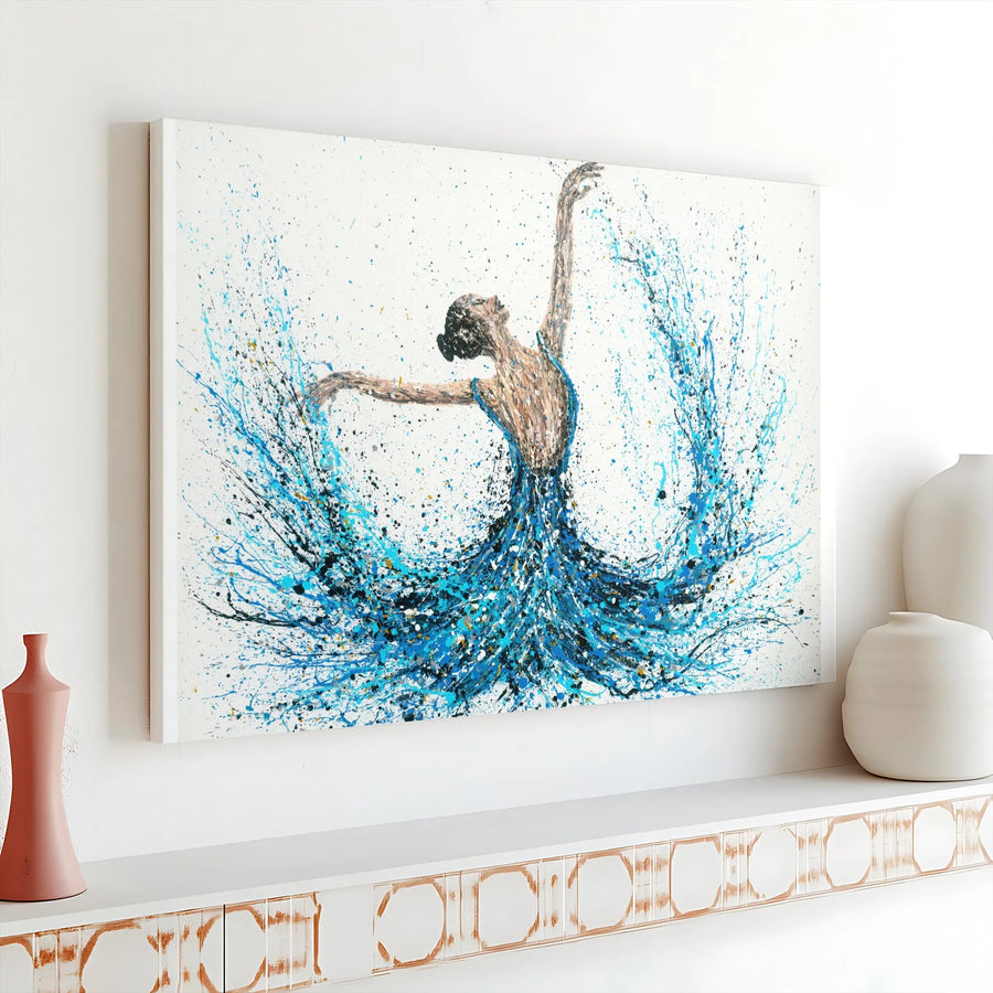 Abstract Ballerina Canvas Art | Blue Splatter Paint Dancer Wall Decor | Premium Gallery Wrapped Print | Elegant Gift for Dance Lovers