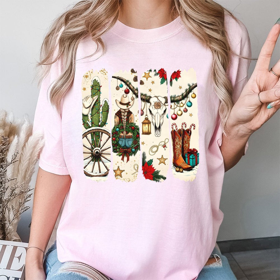 Cowgirl Christmas T-Shirt | Western Holiday Graphic Tee | 100% Cotton Premium Quality | Festive Cowboy Boots Aesthetic Gift for Women