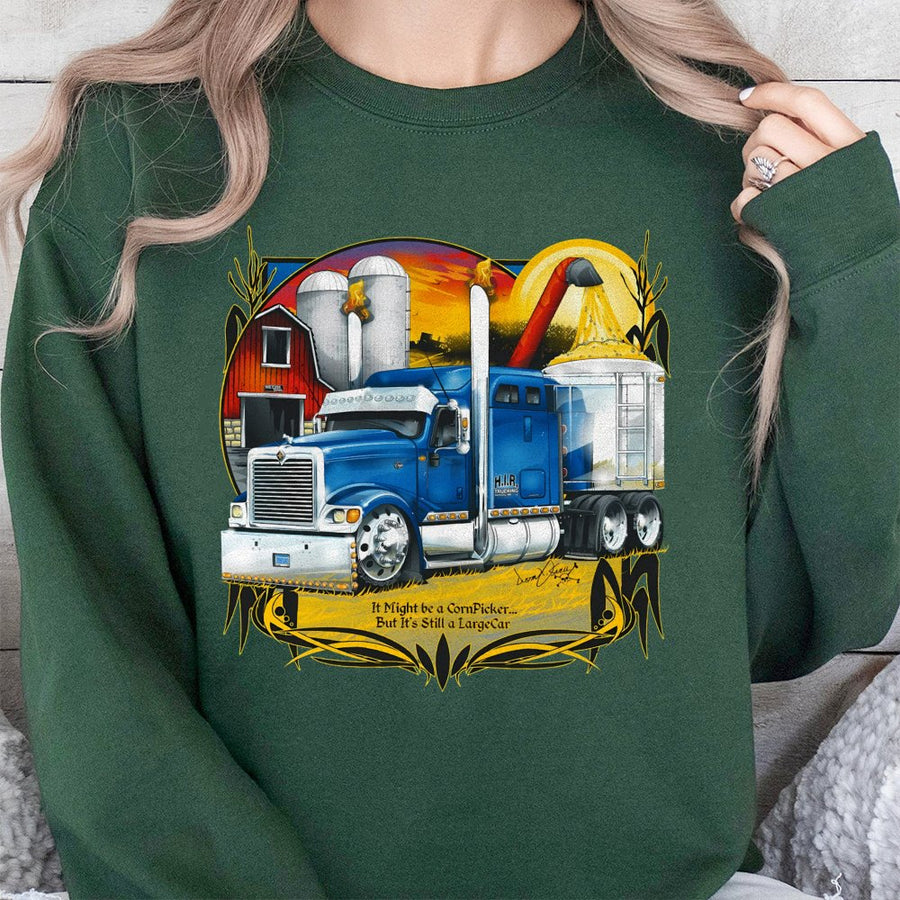 Largecar Semi Truck Sweatshirt | Vintage Blue Farm Hauler Graphic | Premium Cotton Blend | Gift for Truckers and Farmers