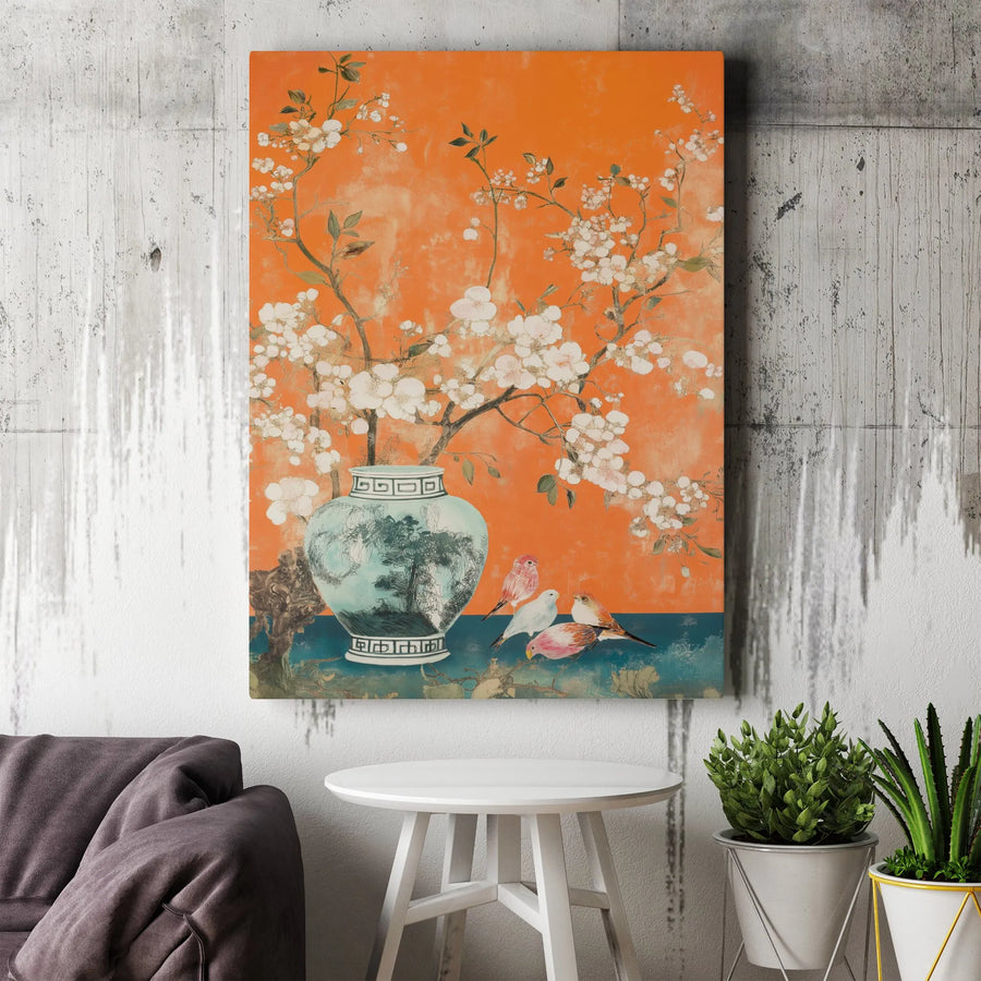Chinoiserie Wall Art | Orange Cherry Blossom & Bird Canvas Print | Premium Gallery Wrapped Decor | Traditional Asian Inspired Home Gift
