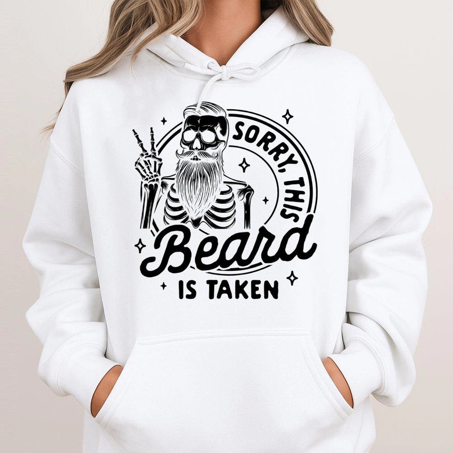 Sorry This Beard Is Taken Hoodie | Funny Skeleton Bearded Man Graphic | Premium Cotton Blend Unisex Sweatshirt | Great Gift for Husband or Boyfriend
