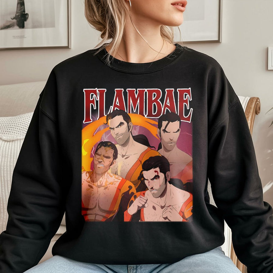 Flambae Anime Sweatshirt | 90s Vintage Style Graphic Tee | Premium Cotton Blend Fleece | Gamer Gift For Men And Women