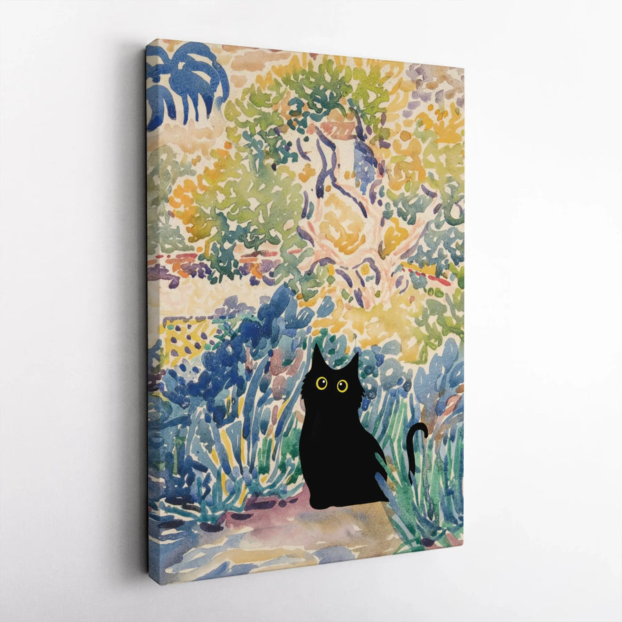 Black Cat Watercolor Canvas Art | Fauvist Garden Floral Print | Gallery Wrapped 1.25" Profile | Whimsical Animal Lover Gift Wall Decor