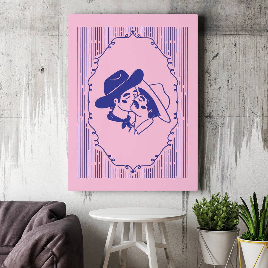 Kissing Cowboys Wall Art | Retro Western Romantic Illustration | Premium Gallery Canvas | LGBTQ Pride Home Decor Gift