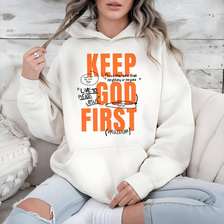 Keep God First Hoodie | Christian Faith Graphic Pullover | Soft Cotton-Blend Unisex Sweatshirt | Religious Gift for Men and Women