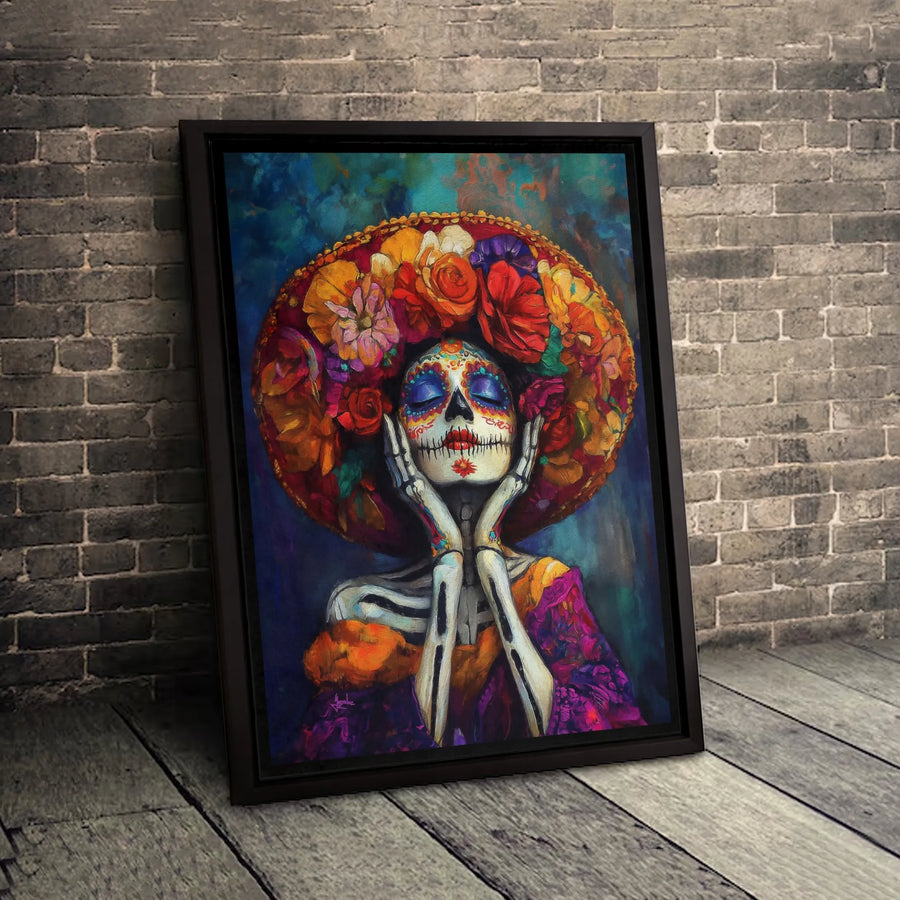 Day Of The Dead Canvas Wall Art | La Catrina Sugar Skull With Floral Sombrero | Premium Gallery-Wrapped Print | Mexican Folk Art Gift For Home Decor