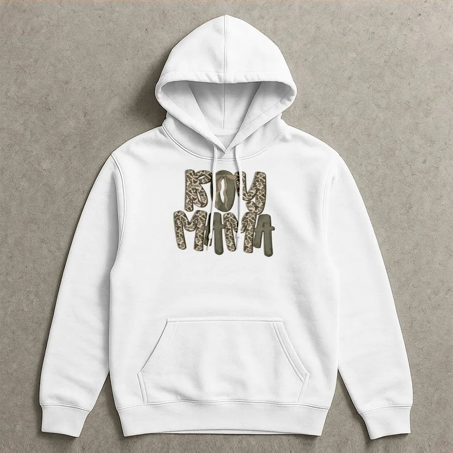 Boy Mama Hoodie | Camo Lettering with Bow Graphic | Soft Cotton Tee | Trendy Western Style Gift for Mom