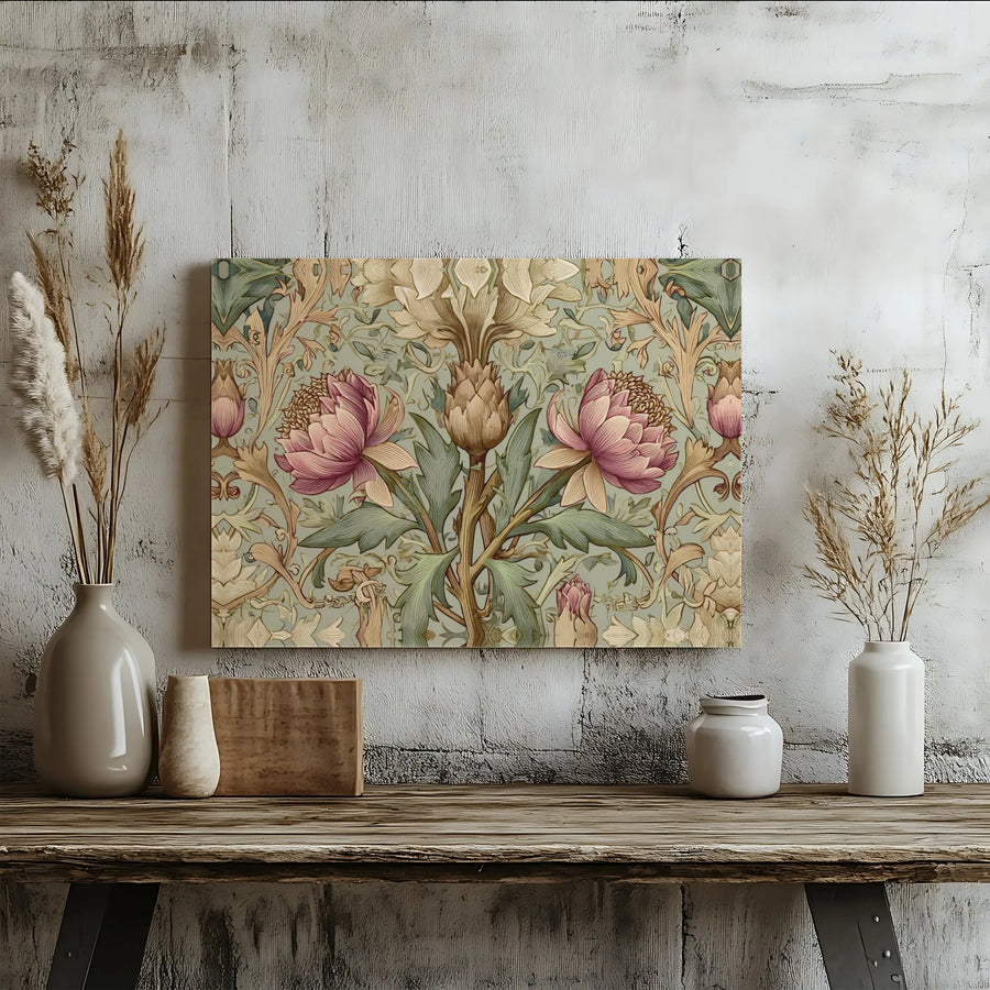 Art Nouveau Floral Canvas | Symmetrical Pink Flower & Artichoke Print | Premium Gallery Wrap Wall Art | Elegant Botanical Decor for Home Office