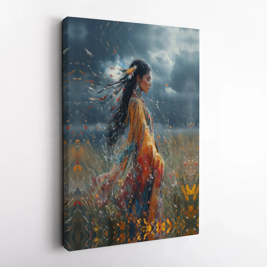 Native American Woman Canvas Wall Art | Spiritual Portrait in Stormy Field | Premium Gallery Wrapped Canvas | Indigenous Culture Home Decor Gift