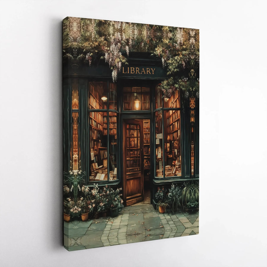 Vintage Library Storefront Canvas Art | Whimsical Wisteria Bookshop Print | Premium 1.25-Inch Gallery Wrap | Academic Home Office Decor Gift