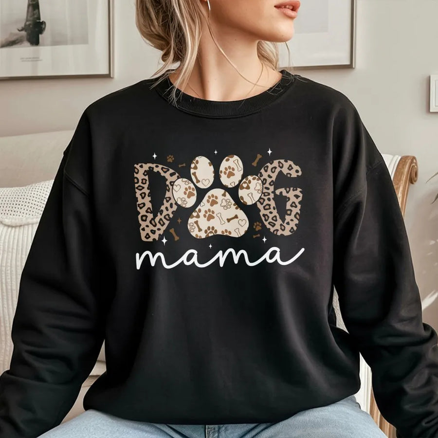 Dog Mama Sweatshirt | Leopard Print Paw Design | Cotton Blend Premium Crewneck | Gift for Dog Lover Pet Mom Birthday Apparel