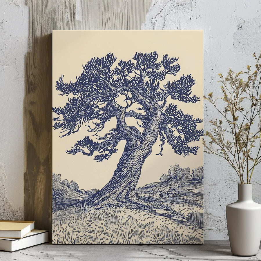 Gnarled Tree Canvas Wall Art | Rustic Woodcut Style Nature Illustration | Premium Gallery Wrapped Print | Minimalist Living Room Home Decor