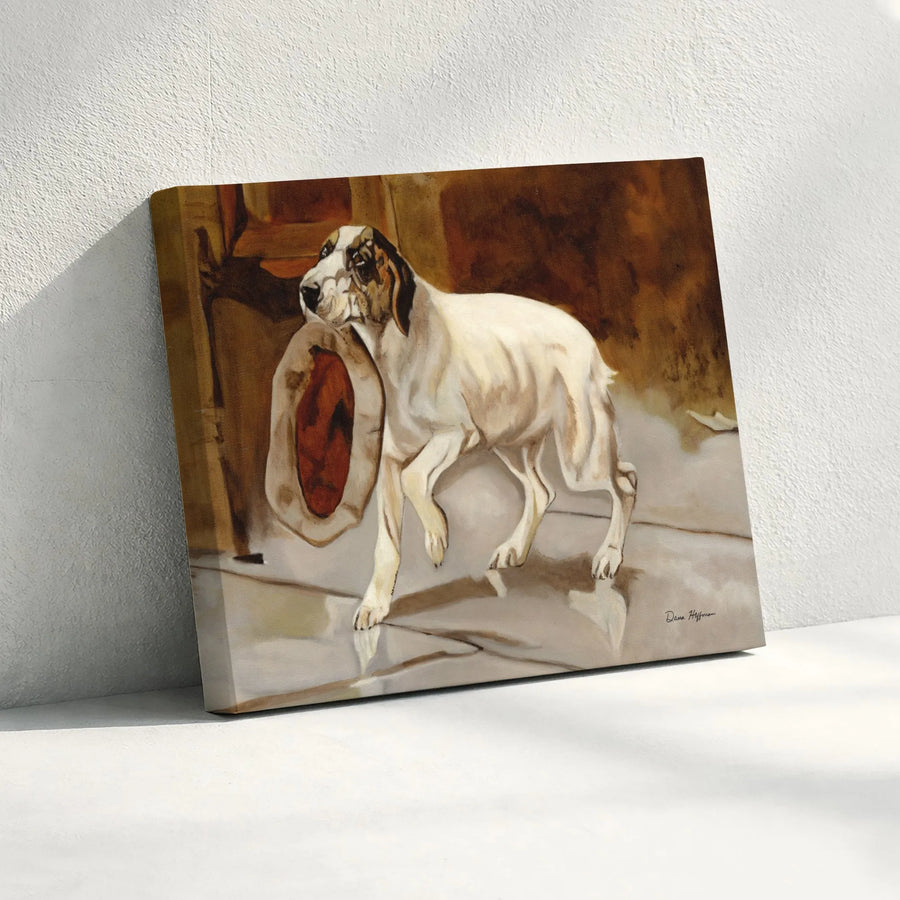 Dog Holding Hat Painting | Fine Art Dog Portrait Canvas Print | Gallery-Quality Wall Decor | Vintage Style Animal Lover Gift