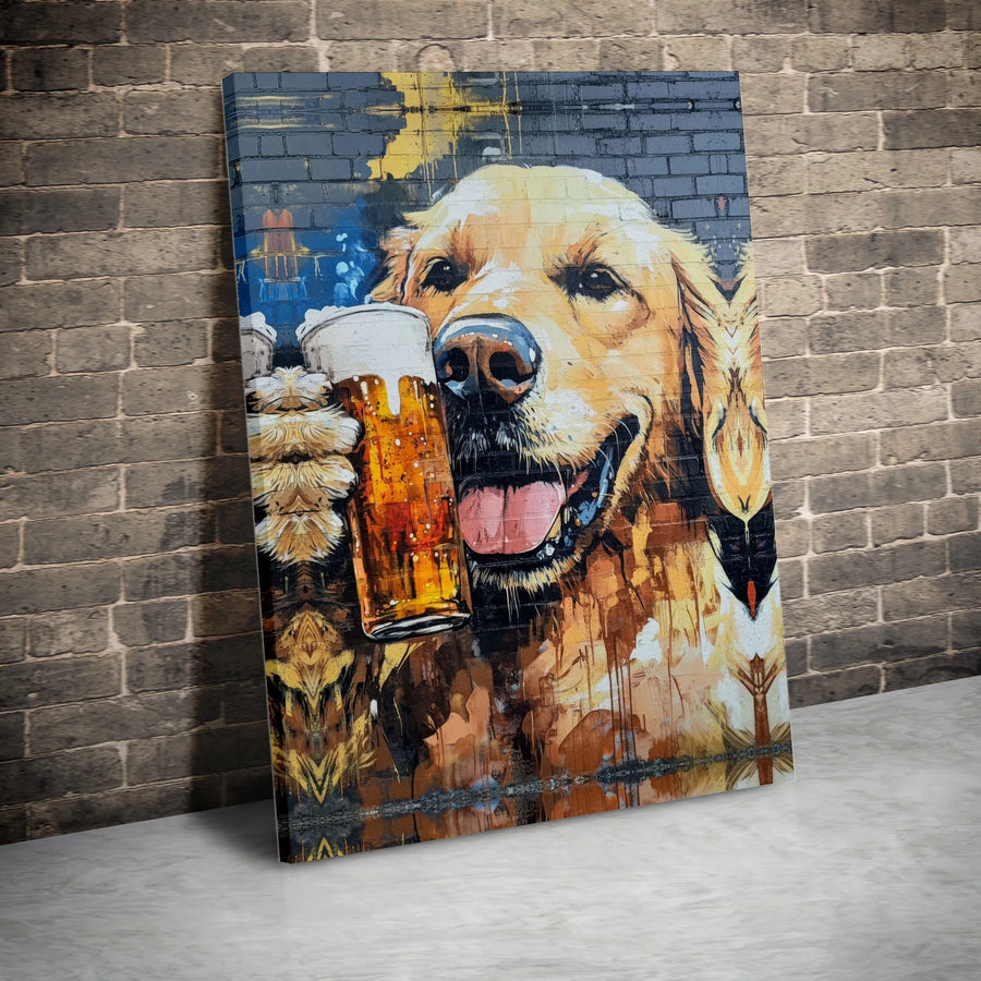 Golden Retriever Beer Canvas Art | Street Graffiti Dog Portrait | Premium 1.25-Inch Gallery Wrap | Funny Man Cave Bar Decor Gift