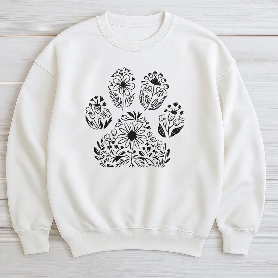 Floral Paw Print Sweatshirt | Botanical Wildflower Dog Graphic | Premium Soft Cotton Blend | Gift for Dog Mom, Animal Rescue Supporter