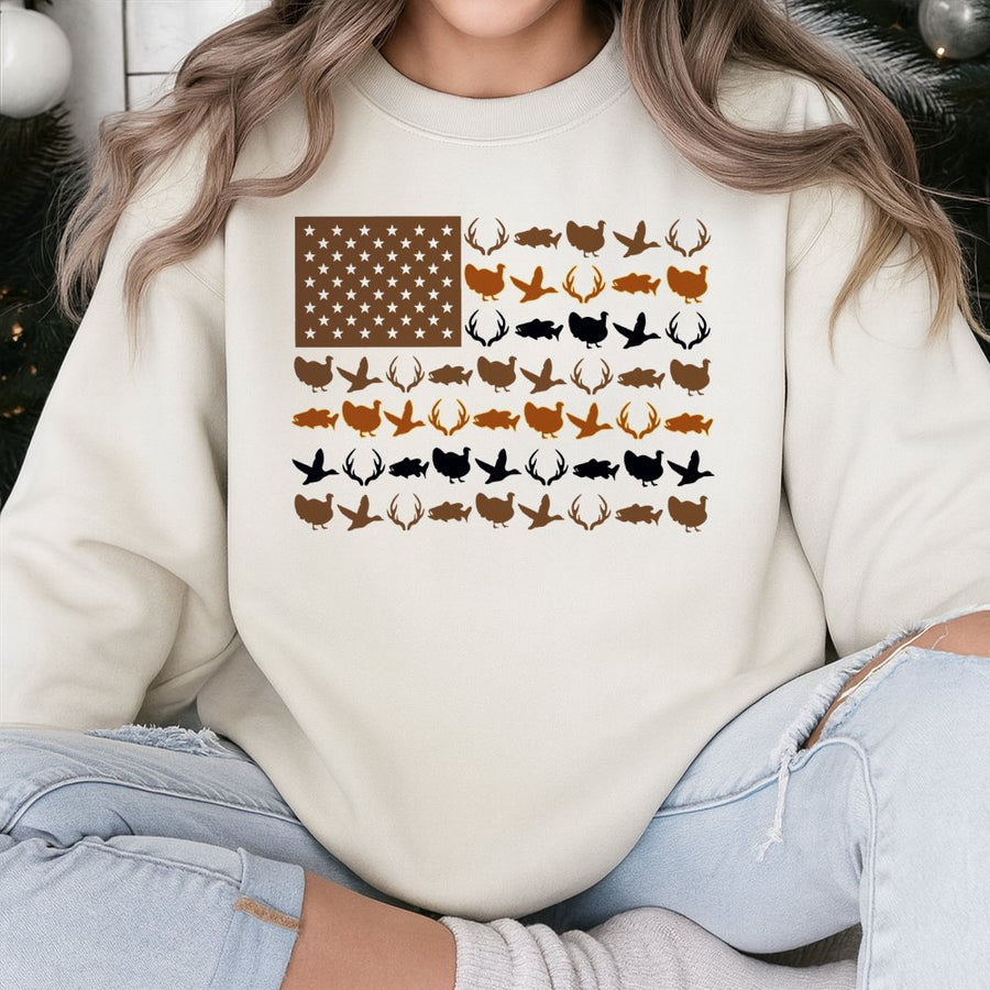 American Flag Wildlife Sweatshirt | Deer Duck Fish Hunting Graphic | Unisex Patriotic Outdoorsman Pullover | Gift for Hunter
