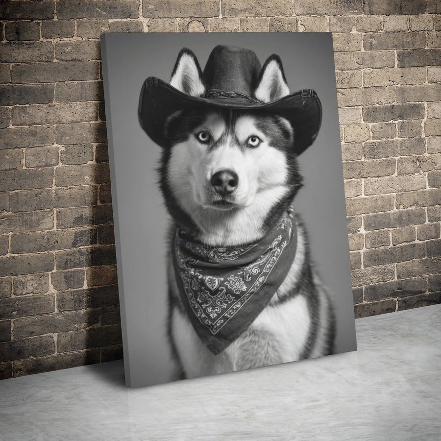 Siberian Husky Canvas Art | Cowboy Dog with Bandana Portrait | Premium Gallery Wrap Wall Decor | Funny Western Pet Wall Art Gift for Dog Lovers