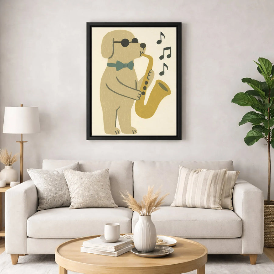 Dog Playing Saxophone Canvas Art | Jazz Musician Puppy Wall Decor | Premium Gallery Wrap Print | Whimsical Music Lover Gift