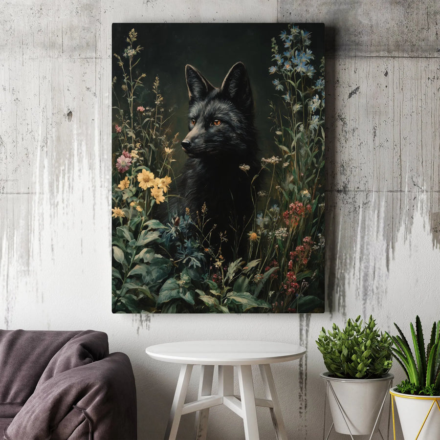 Black Fox Canvas Wall Art | Moody Wildflower Oil Painting Style | Premium 1.25-Inch Gallery Wrap | Wildlife Nature Lover Gift