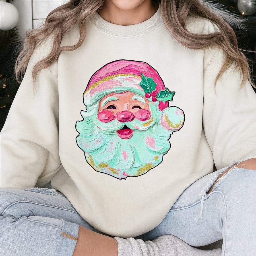 Retro Santa Christmas Sweatshirt | Oil Painting Brushstroke Graphic | Premium Cotton Blend | Preppy Aesthetic Holiday Gift for Women and Men