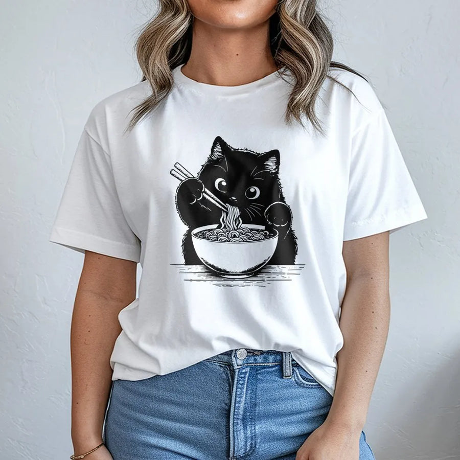 Ramen Cat T-Shirt | Kawaii Anime Noodle Eating Kitty Graphic | Premium Soft Cotton Tee | Cute Animal Lover Gift for Women and Men