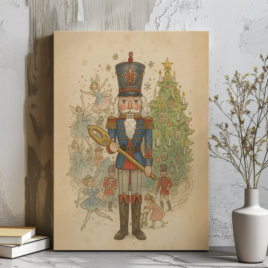 Nutcracker Ballet Wall Art | Vintage Christmas Illustration with Fairies | Premium Gallery Wrapped Canvas | Festive Holiday Home Decor Gift