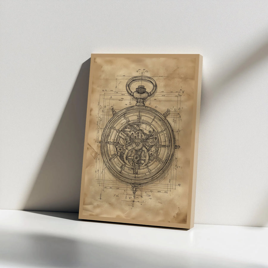 Steampunk Pocket Watch Canvas Art | Mechanical Clockwork Blueprint Print | Premium Gallery Wrap | Collector's Gift for Engineer