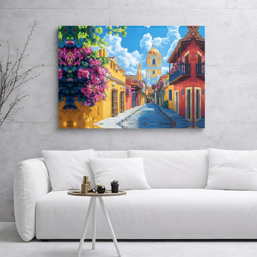 Spanish Colonial Street Canvas Art | Vibrant Cartagena Architecture With Bougainvillea | Gallery Wrapped Premium Print | Mediterranean Home Decor Gift