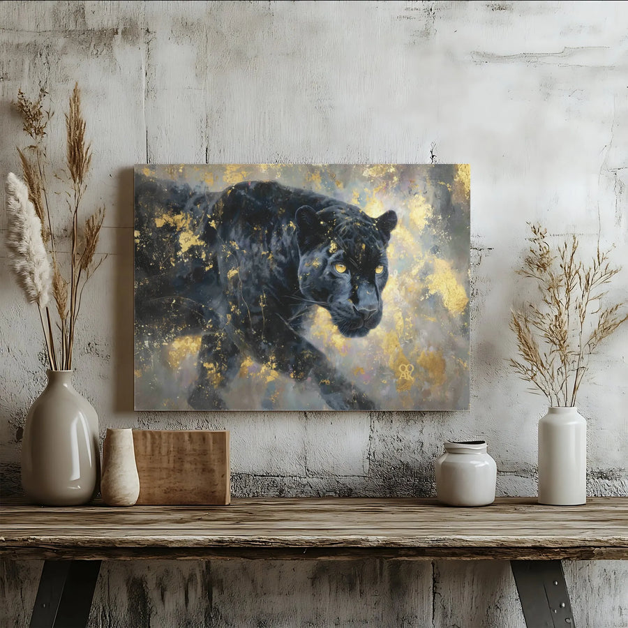 Black Panther Canvas Wall Art | Luxury Gold Accent Painting | Premium Gallery Wrapped Canvas | Modern Wildlife Wall Decor Gift