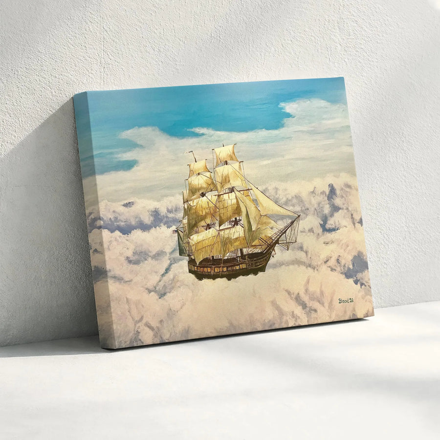 Flying Ship Canvas Wall Art | Surreal Cloudscape Oil Painting Print | Premium Gallery Wrap Canvas | Nautical Fantasy Home Decor Gift