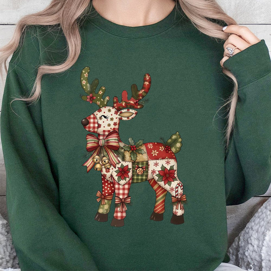 Christmas Patchwork Reindeer Sweatshirt | Festive Holiday Floral Graphic | Cotton Blend Premium Comfort | Cozy Gift for Her and Holiday Season Lovers