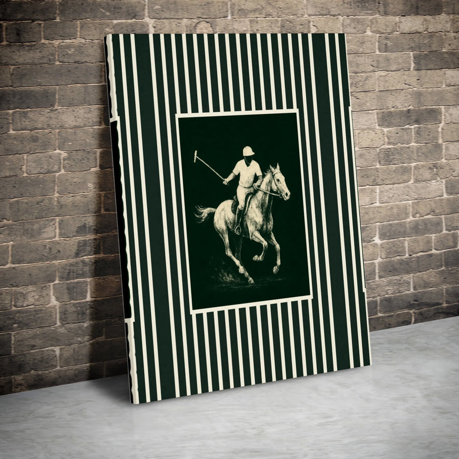 Polo Player Canvas Art | Equestrian Vintage Green Striped Wall Decor | Premium 1.25-Inch Gallery Wrap | Sophisticated Home Office Gift