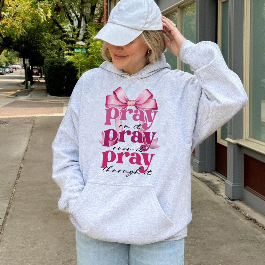 Pray On It Hoodie | Coquette Pink Bow Graphic | Premium Cotton Blend | Christian Faith Gift for Women & Teens