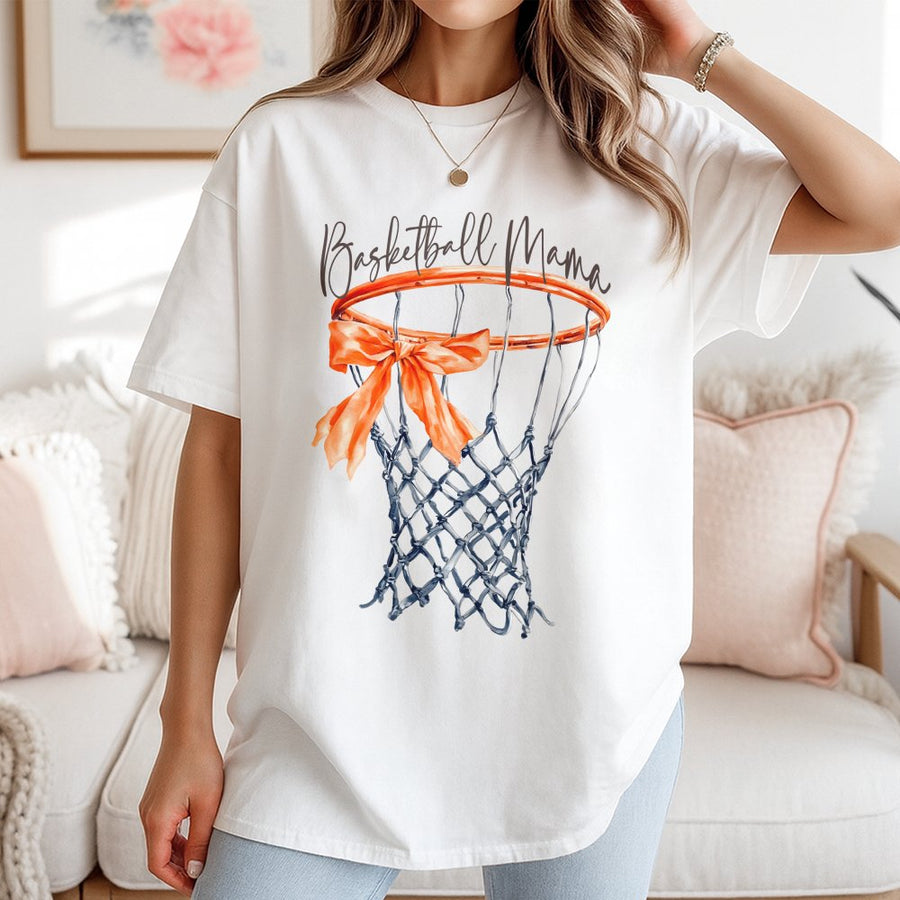 Basketball Mama T-Shirt | Watercolor Hoop With Bow Graphic | 100% Cotton Premium Tee | Sports Mom Gift for Game Day