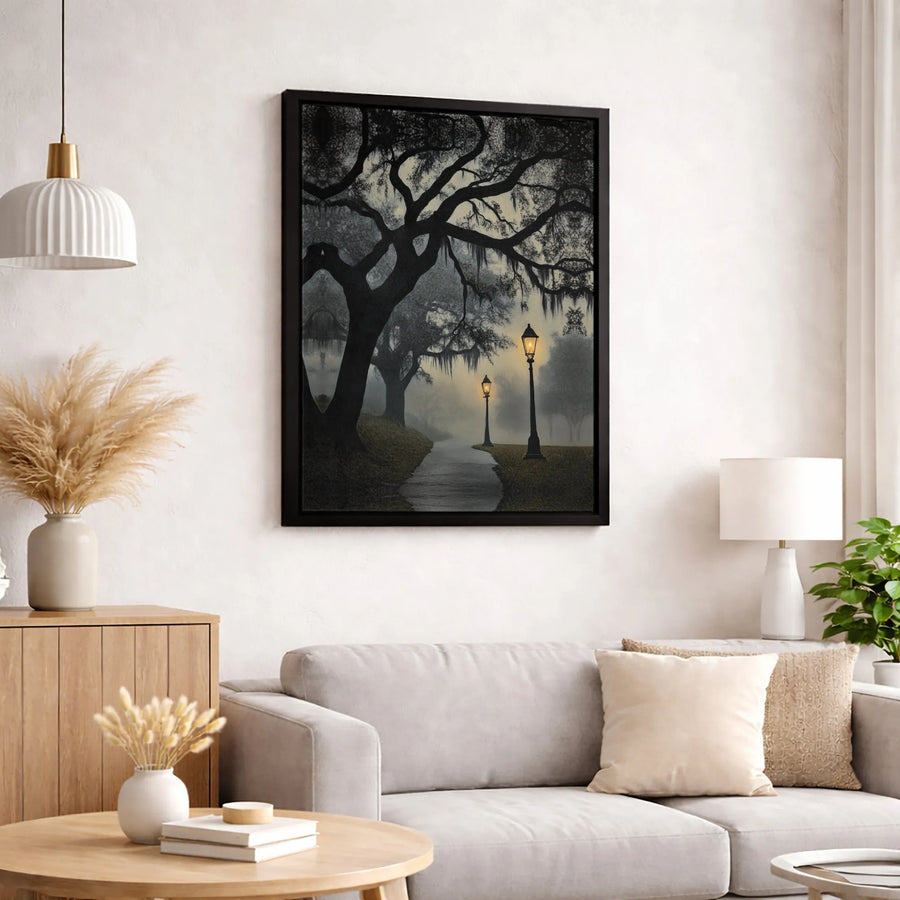 Foggy Southern Oak Tree Canvas Wall Art | Atmospheric Spanish Moss Landscape | Premium Gallery Wrap Print | Moody Home Office Decor Gift