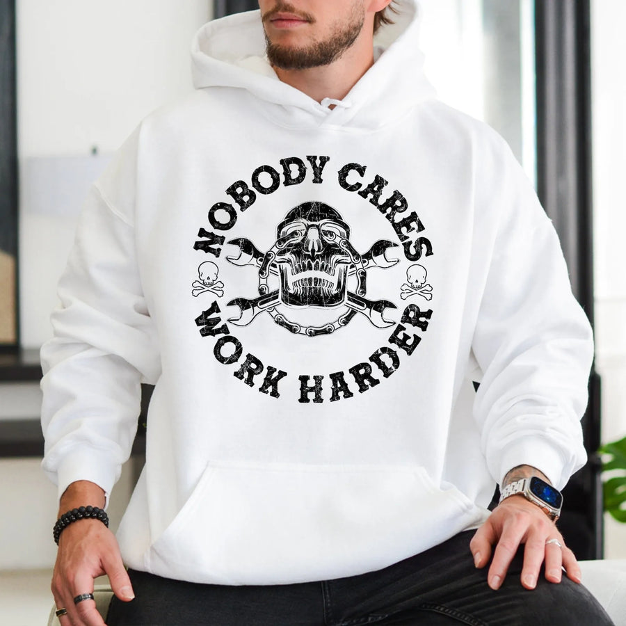 Nobody Cares Work Harder Hoodie | Grunge Skull Mechanic Design | Premium Cotton Blend | Motivational Streetwear Gift for Men