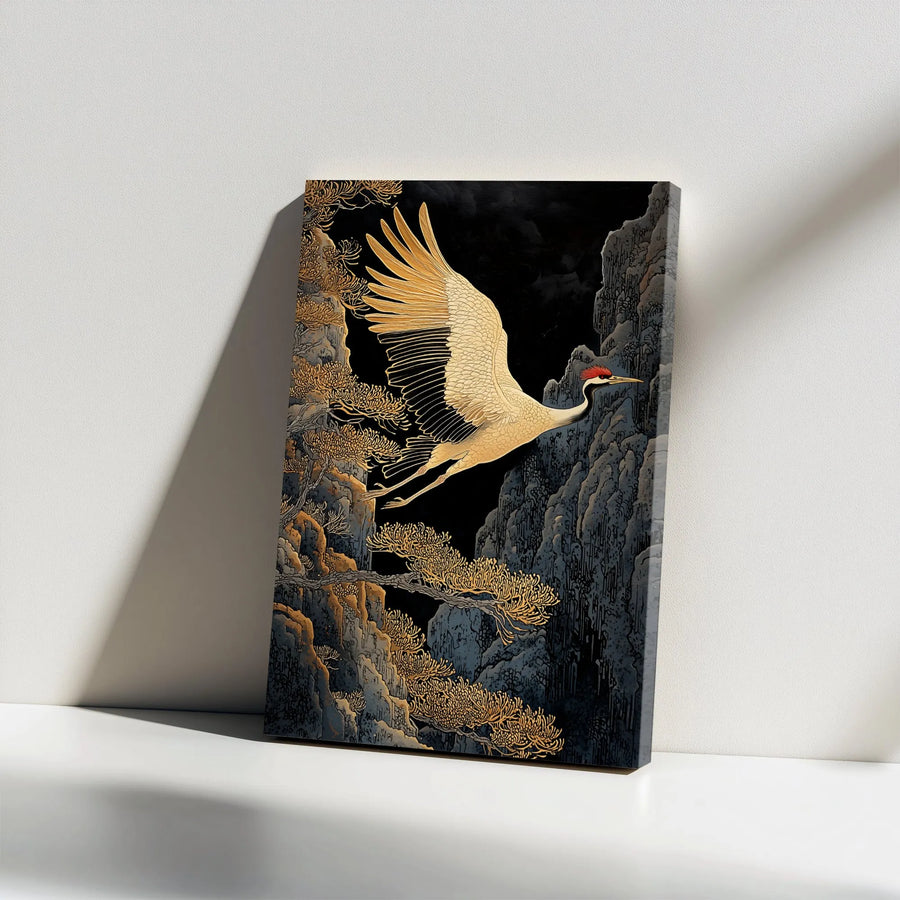 Japanese Crane Wall Art | Golden Bird Over Mountain Cliffs | Premium Gallery Wrap Canvas | Zen Home Decor Gift for Nature Lovers