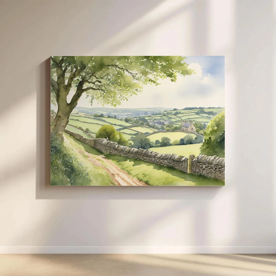 Watercolor Countryside Landscape Wall Art | Rolling Hills & Stone Wall Print | Premium 1.25” Gallery Canvas | Peaceful Nature Home Decor