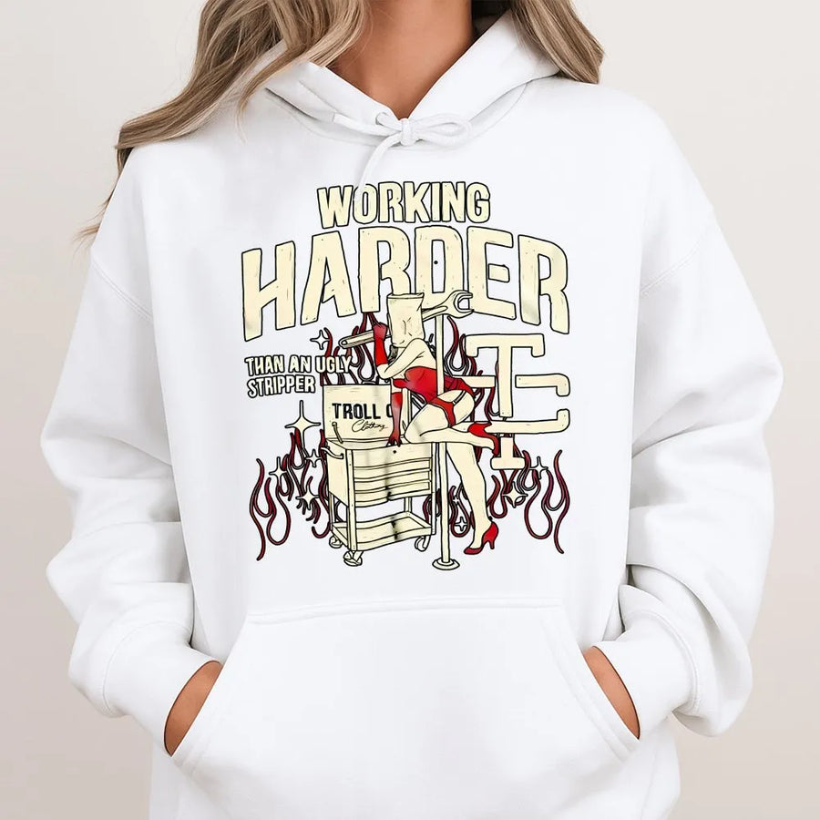 Funny Mechanic Hoodie | Retro 'Working Harder' Graphic | Premium Cotton Blend | Gift for Mechanics & Blue Collar Workers