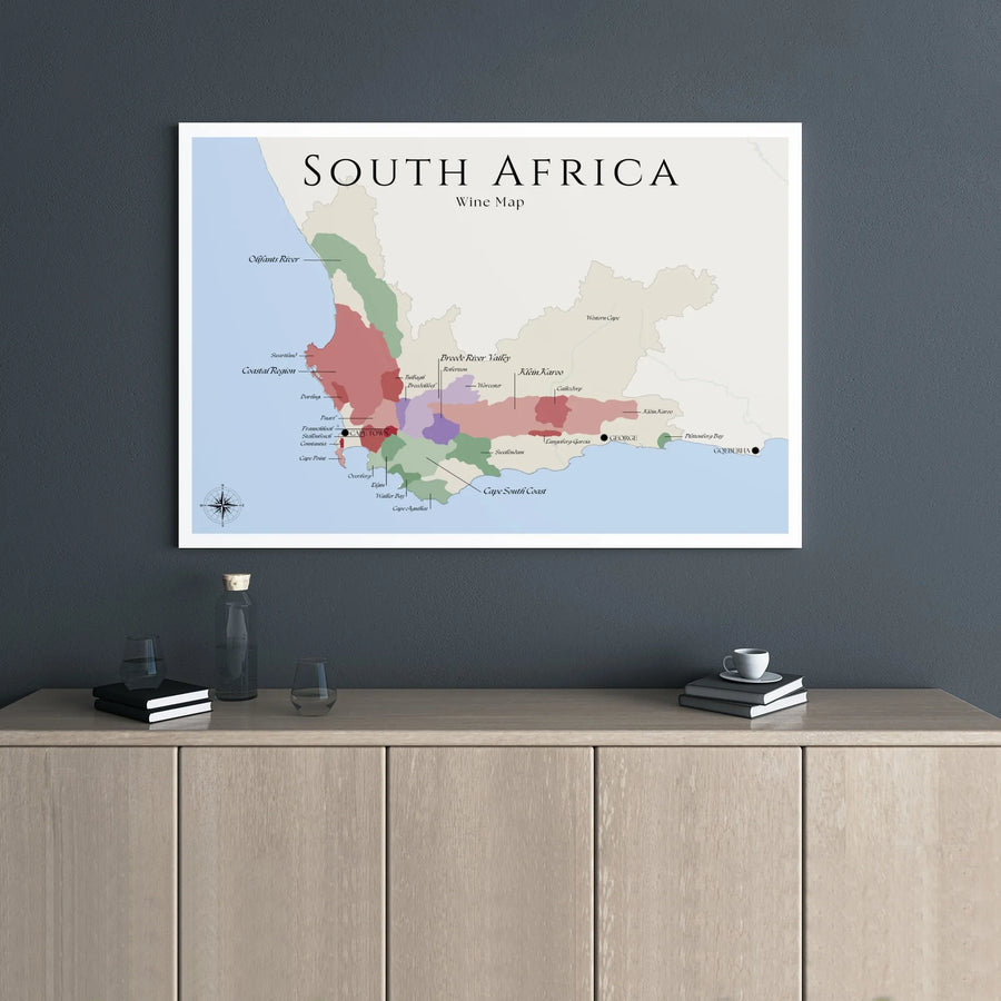 South Africa Wine Map Canvas | Detailed Viticulture Regions Chart | Premium Gallery Wrap Wall Art | Gift for Wine Connoisseurs & Travelers