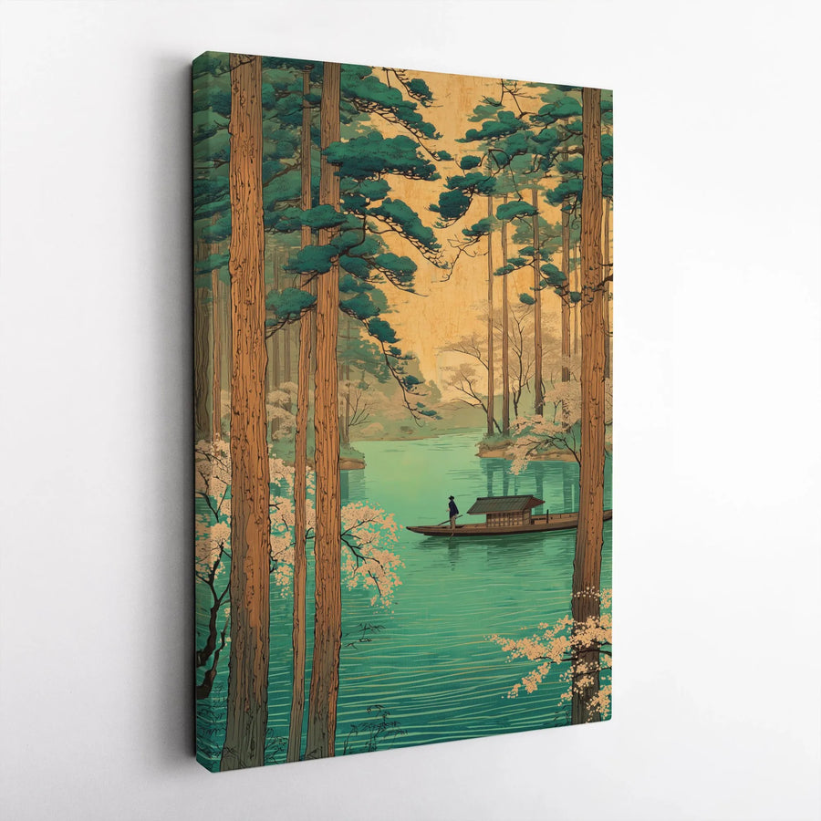 Japanese Ukiyo-e Style Vertical Canvas | Traditional Woodblock River Scene | Premium Gallery Wrap Canvas | Zen Wall Art Gift for Home Decor