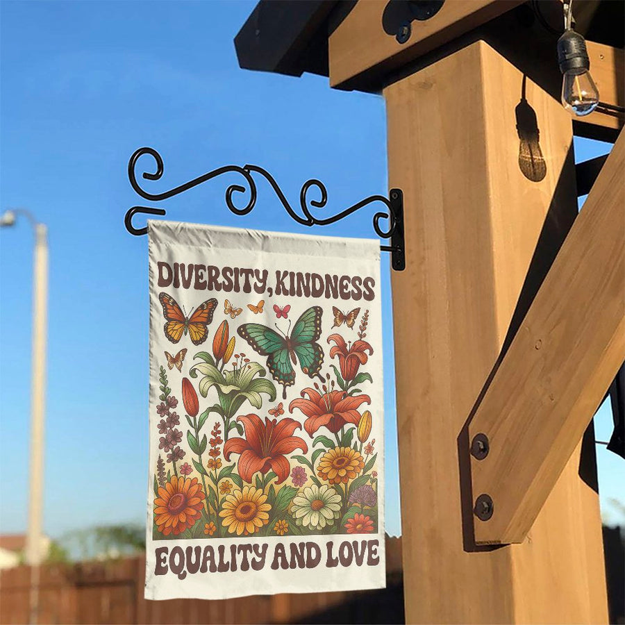 Diversity Kindness Equality Love Garden Flag | Retro Butterfly Floral Yard Decor | Weather-Resistant Premium Polyester | Inspiring Outdoor Gift