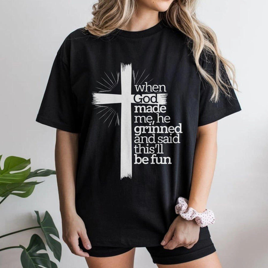 Religious Graphic T-Shirt | When God Made Me He Grinned Cross Design | 100% Cotton Premium Apparel | Inspirational Faith-Based Gift for Men and Women