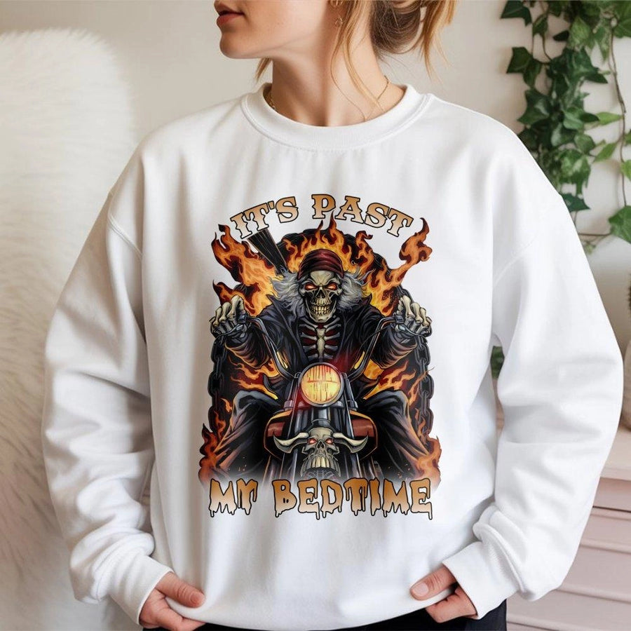 It's Past My Bedtime Biker Sweatshirt | Flaming Skeleton Graphic Design | Cotton-Poly Premium Blend | Edgy Gift For Motorcycle Lovers