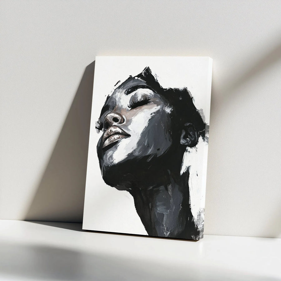 Abstract Black Woman Portrait Canvas | Monochrome Fine Art Print | Gallery-Wrapped Premium Wood Frame | Modern Home Office Wall Decor